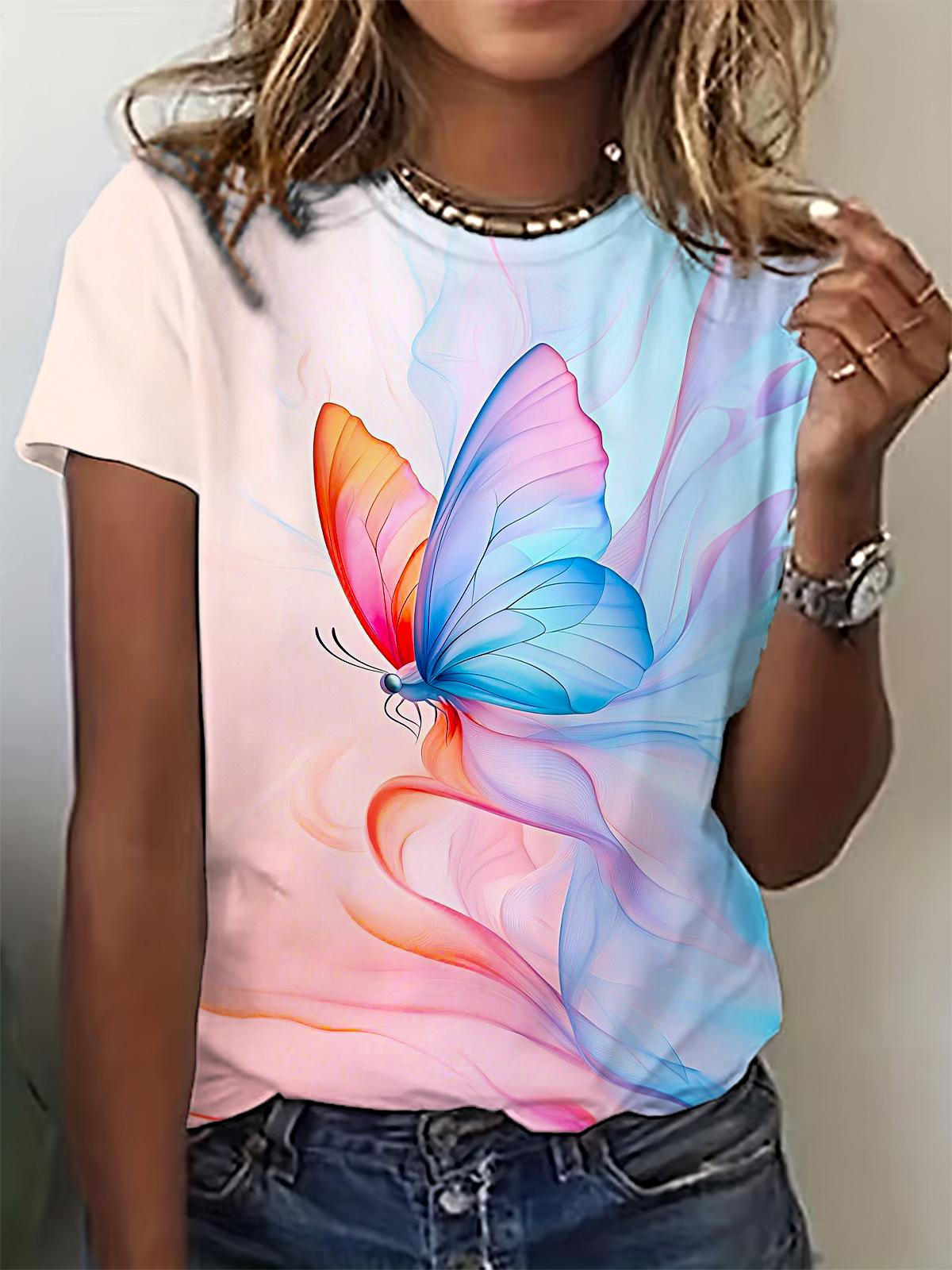 春のカラフルグラデーションバタフライプリントクルーネックTシャツ