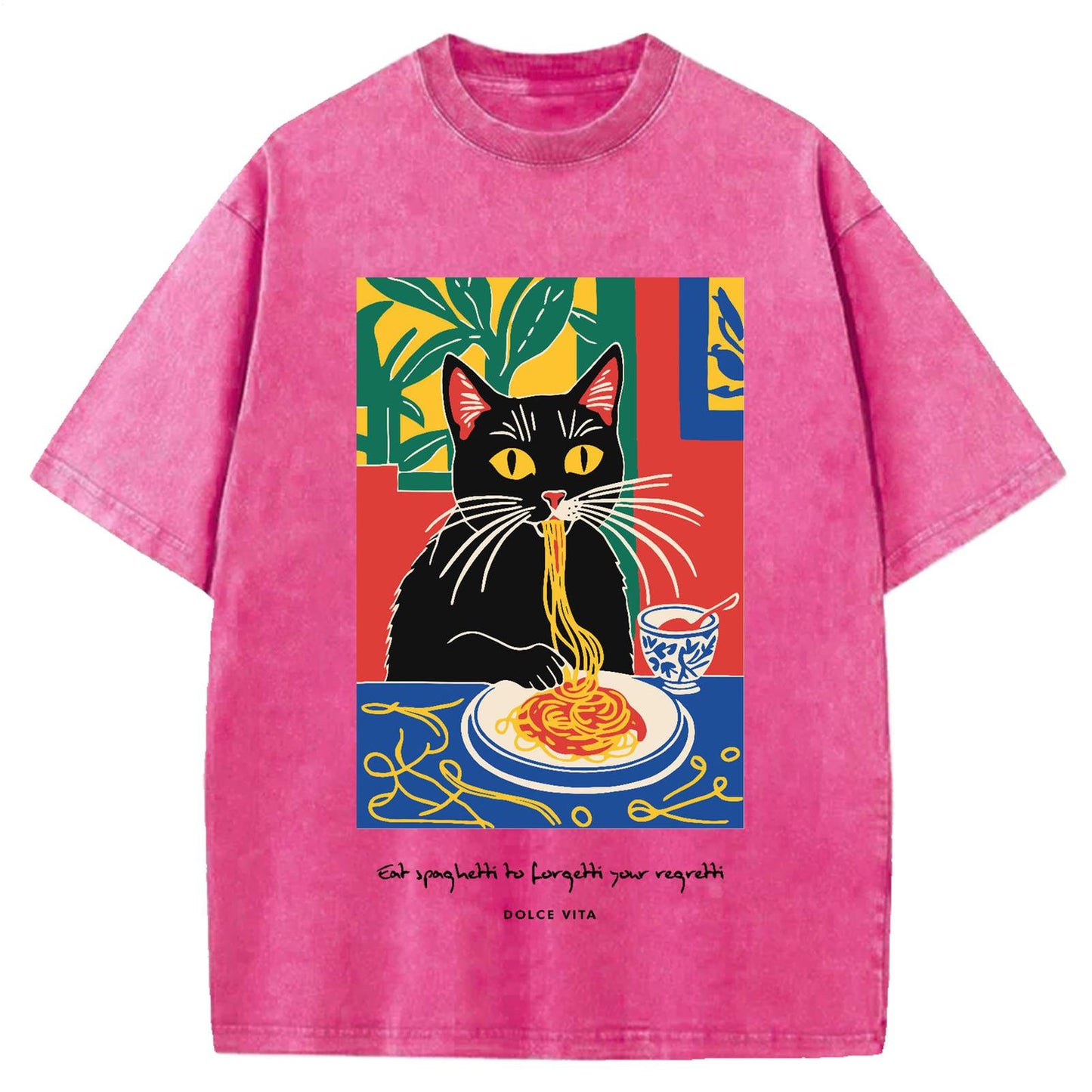 Cat Eating Ramen Vintage Washed Crew Neck T-Shirt