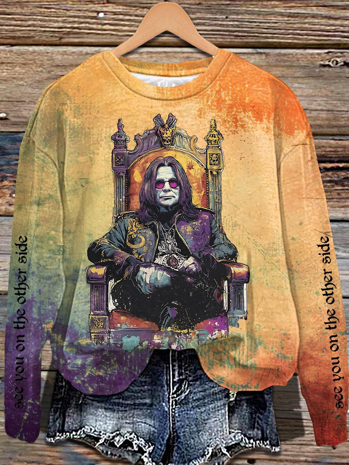 Retro Oil Painting Ozzy Osbourne Printed Long Sleeve Casual Top