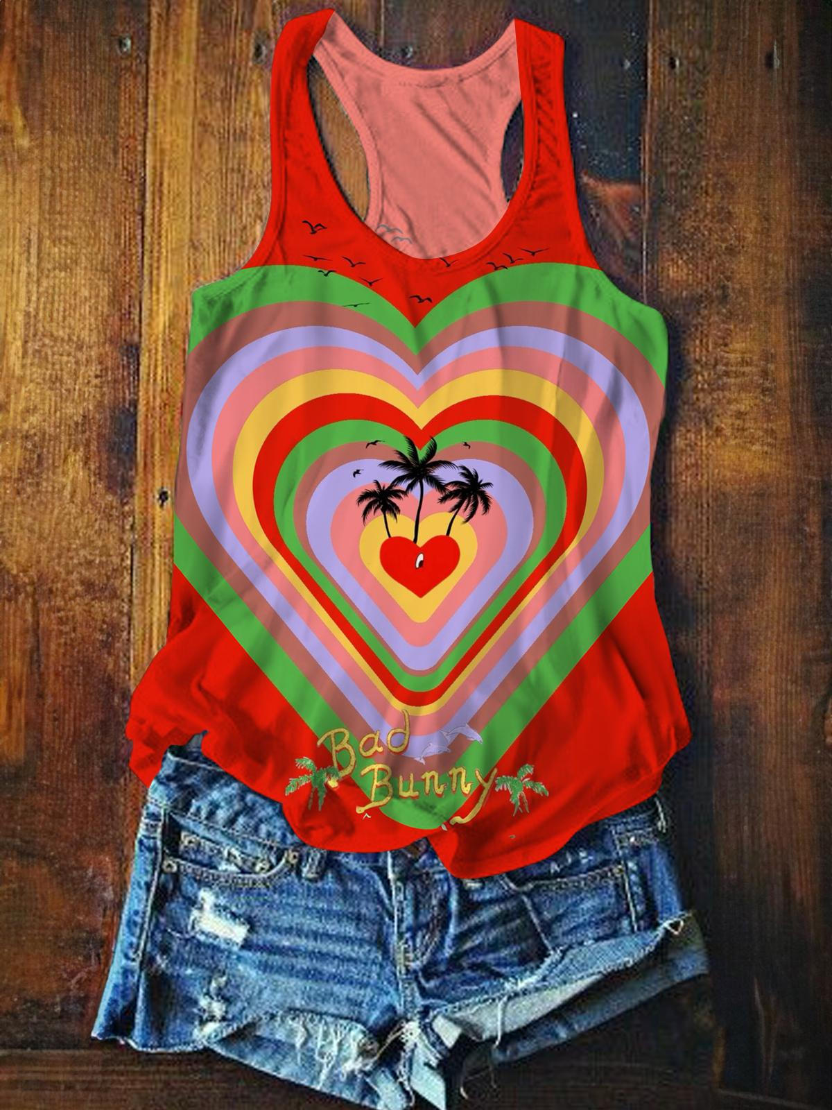 Heart Design Bad Bunny Printed Casual Tank Top