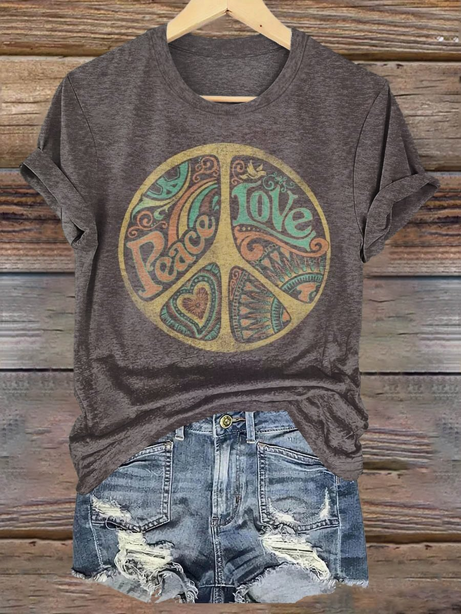 Hippie Love and Peace Art Crew Neck T-shirt