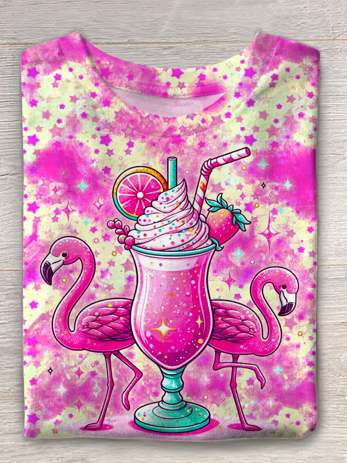 컬러풀한 홀리데이 플라밍고 프린트 크루넥 티셔츠