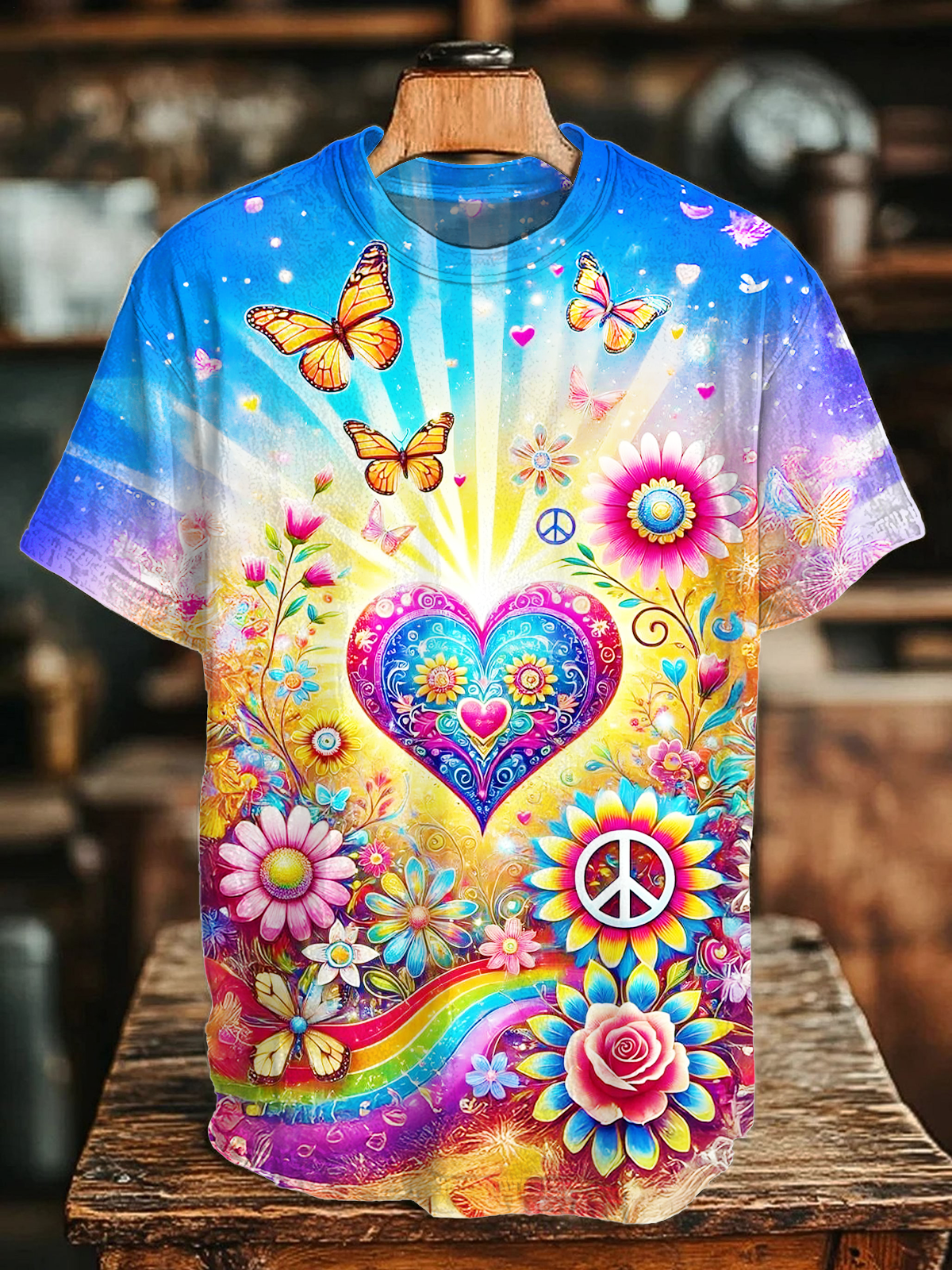 Hippie Love Peace Art Crew Neck T-shirt