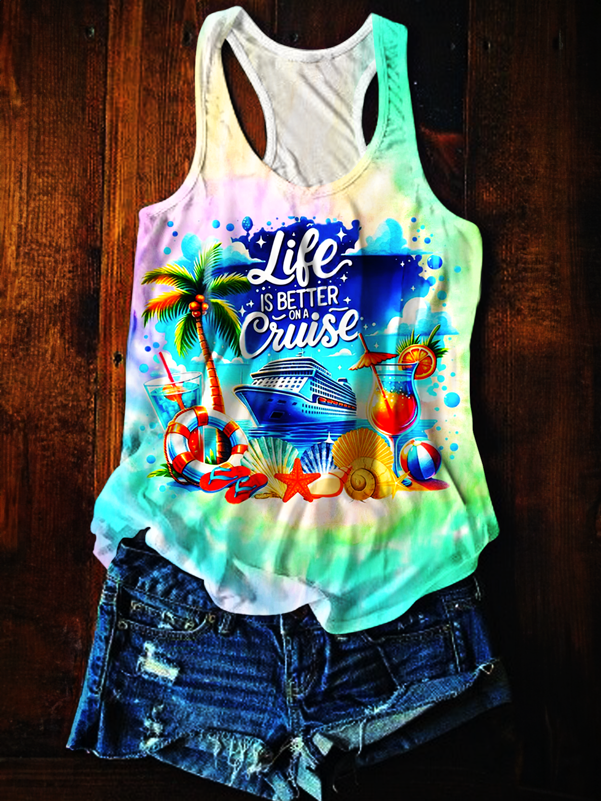 クルーズで人生はもっと楽しくなる、タイダイプリントのカジュアルタンクトップ