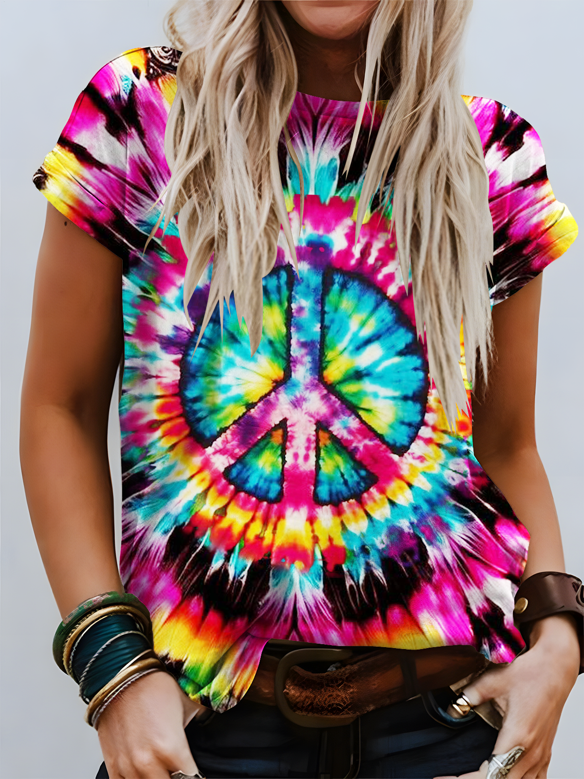 Tie Dye Hippie Peace Sign Art Crew Neck T-shirt