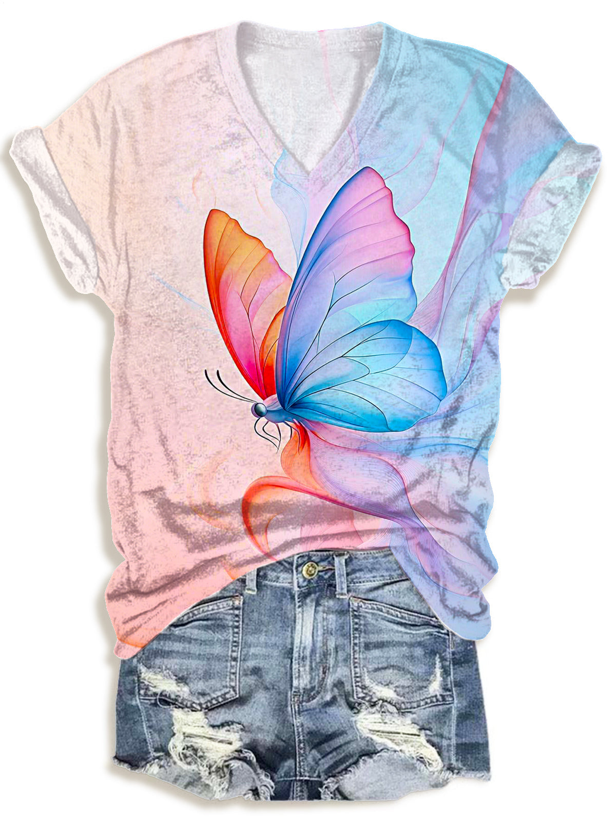 春のカラフルグラデーションバタフライプリントVネックTシャツ