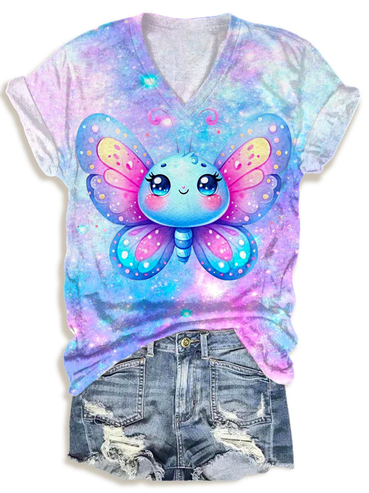 キュートなカラフルな蝶プリントのVネックTシャツ