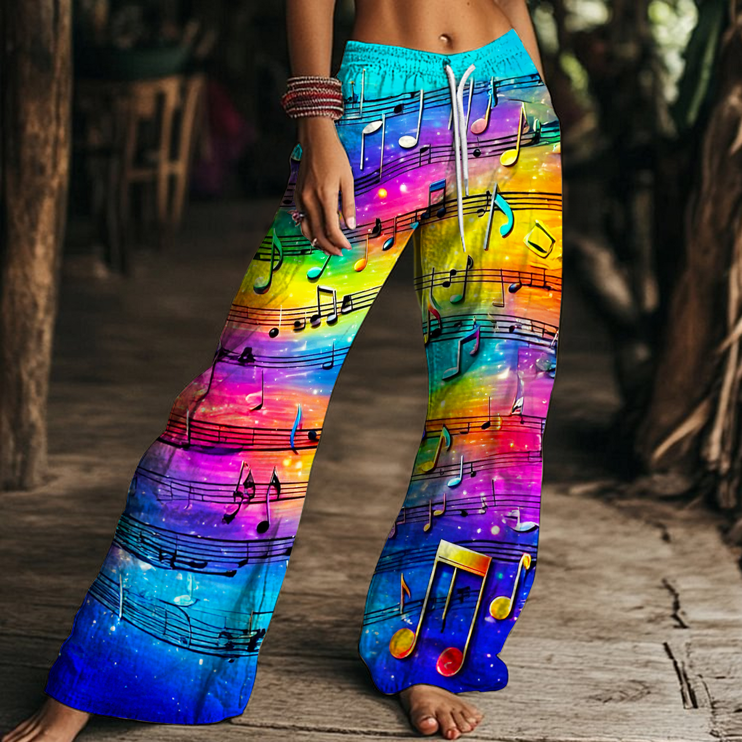 Colorful Music Hippie Art Women's Drawstring Wide-Leg Pants