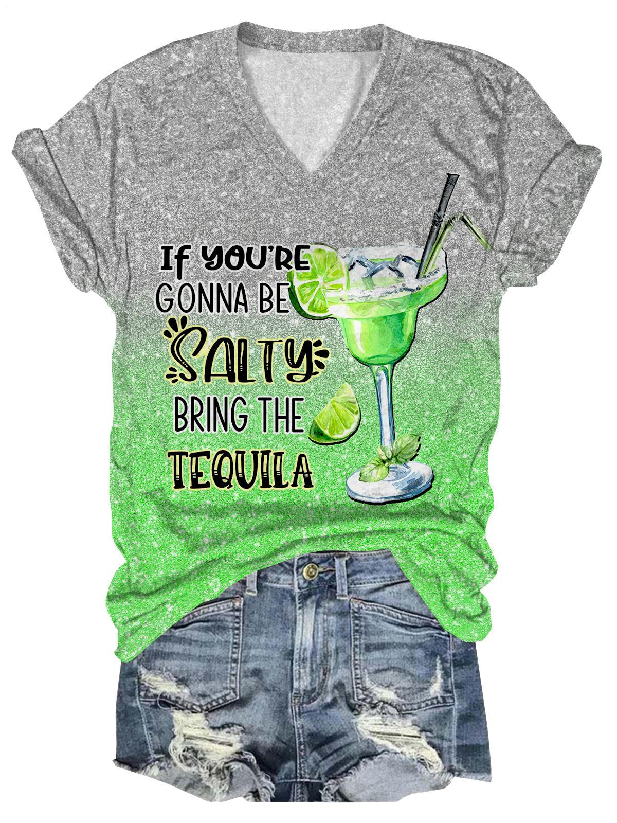 T-shirt à manches courtes et col en V pour femme avec inscription « Cocktail »