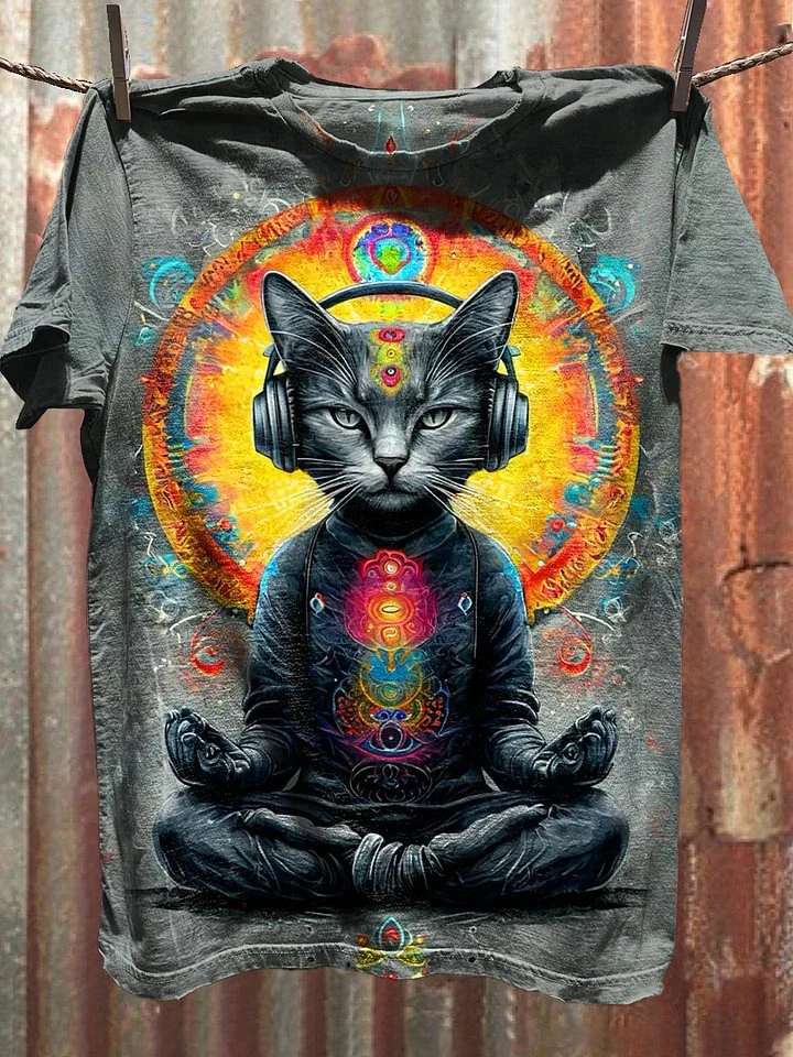 Hippie Psychedelic Cat Crew Neck T-shirt