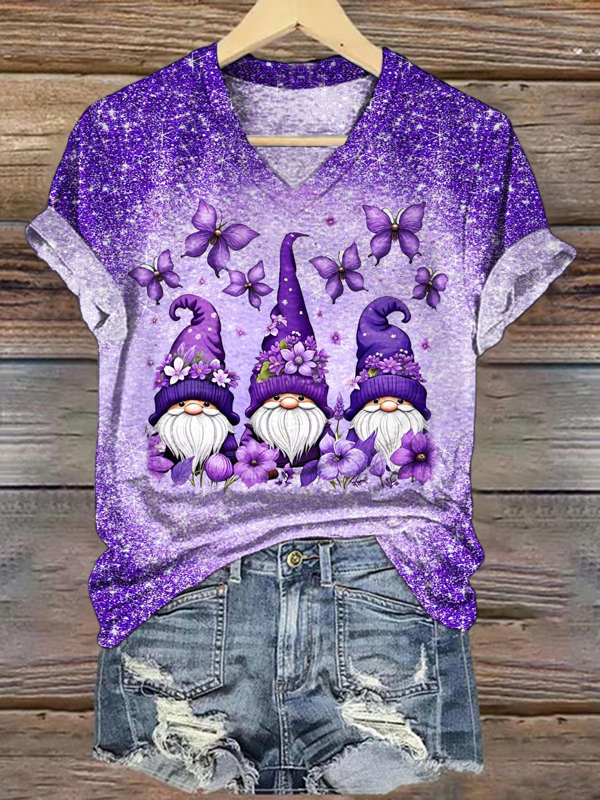 Vintage Spring Purple Floral Gnome Print V-neck T-Shirt