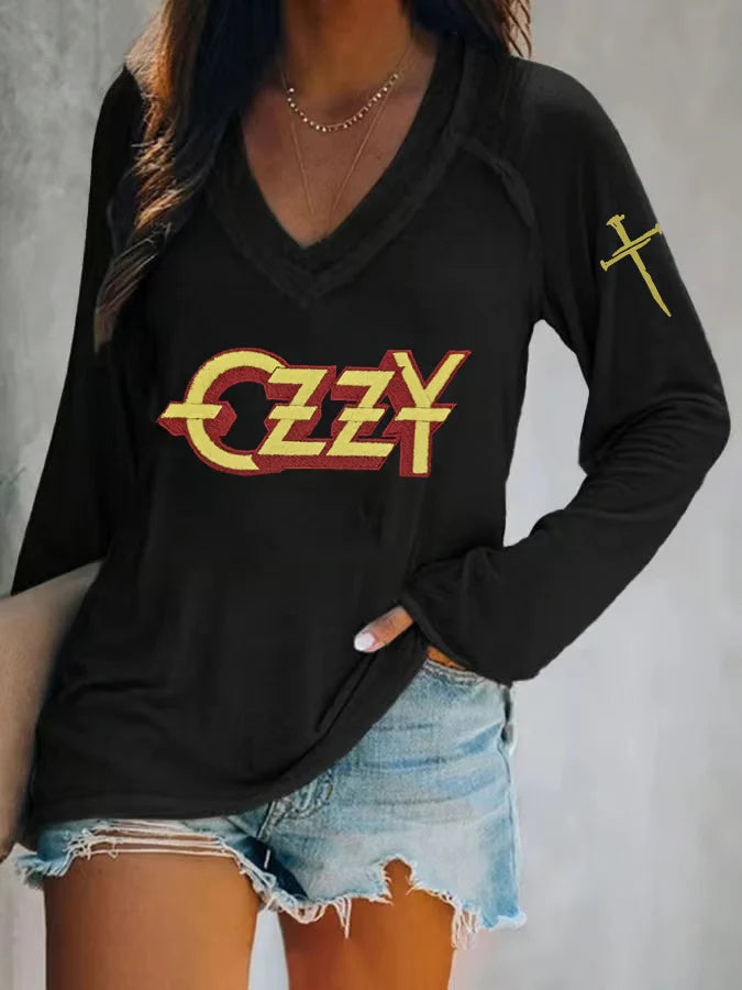 RIP Ozzy Osbourne Print V-Neck Long Sleeve Top