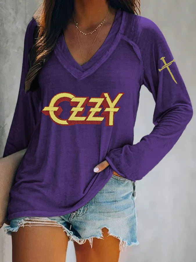 RIP Ozzy Osbourne Print V-Neck Long Sleeve Top