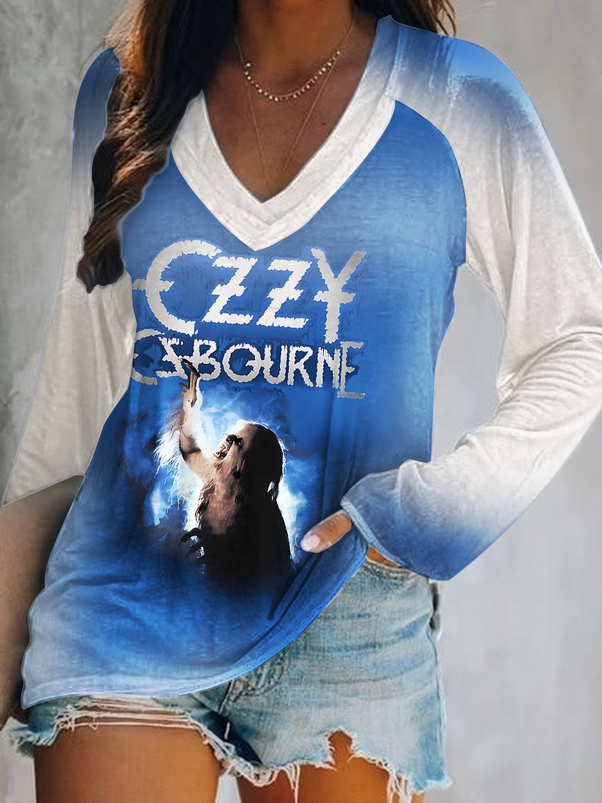 Ozzy Osbourne Print V-Neck Long Sleeve Top