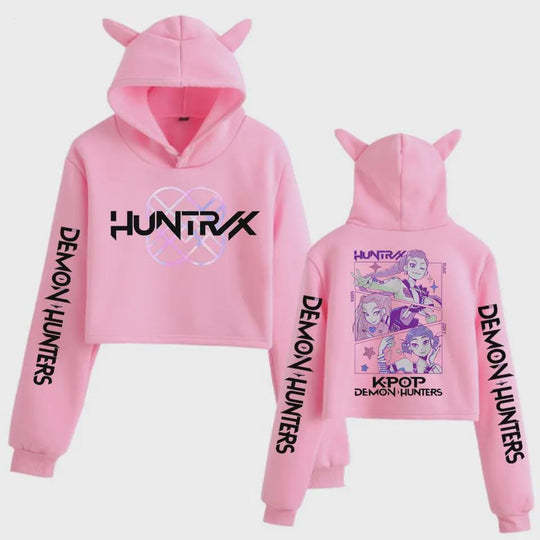 Kpop Demon Hunters Crop Tops Cat Ears Long Sleeve Hoodie