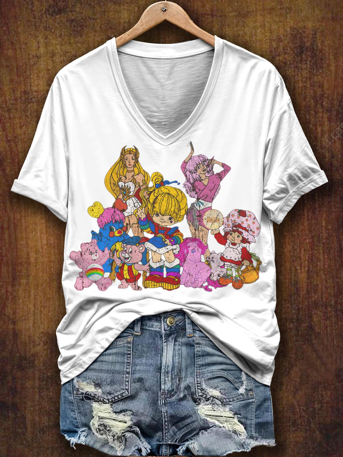 Vintage 80s Cartoon V-Neck Short Sleeve T-Shirt