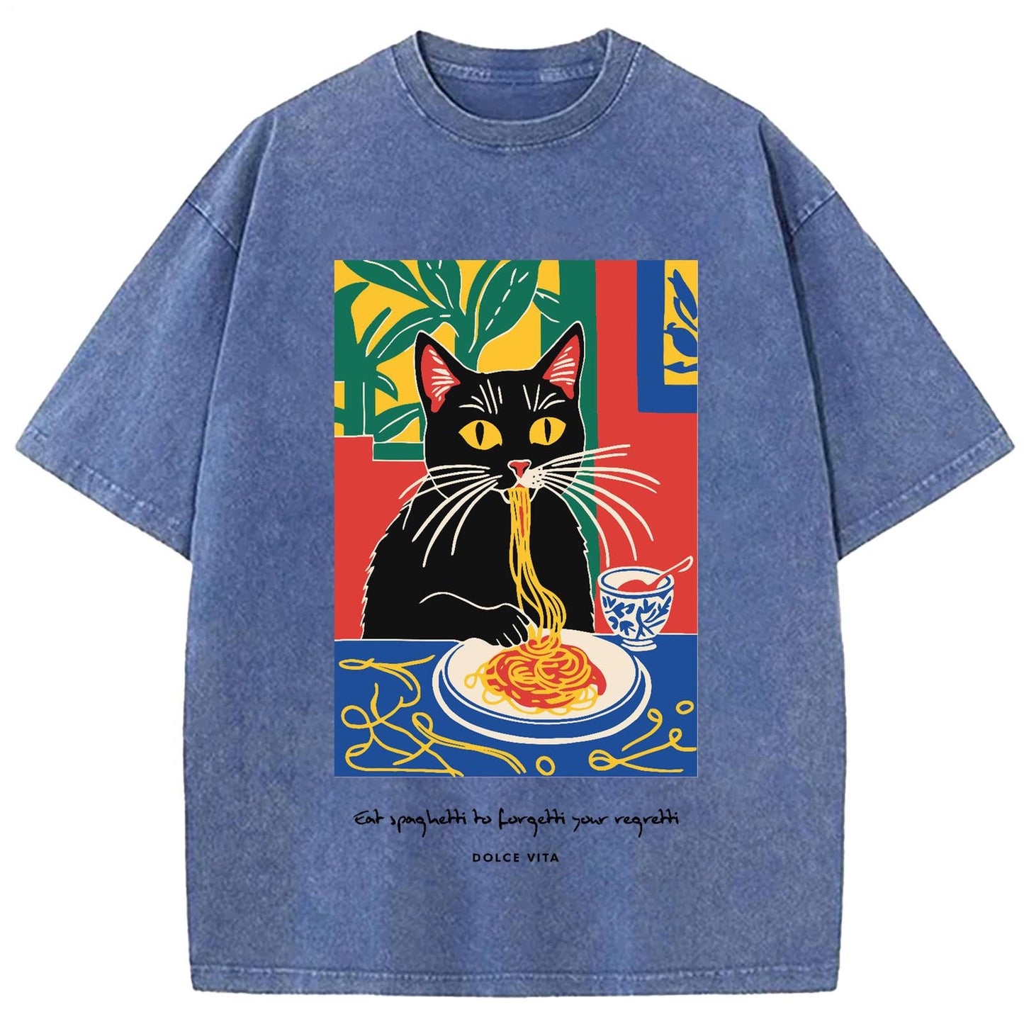 Cat Eating Ramen Vintage Washed Crew Neck T-Shirt