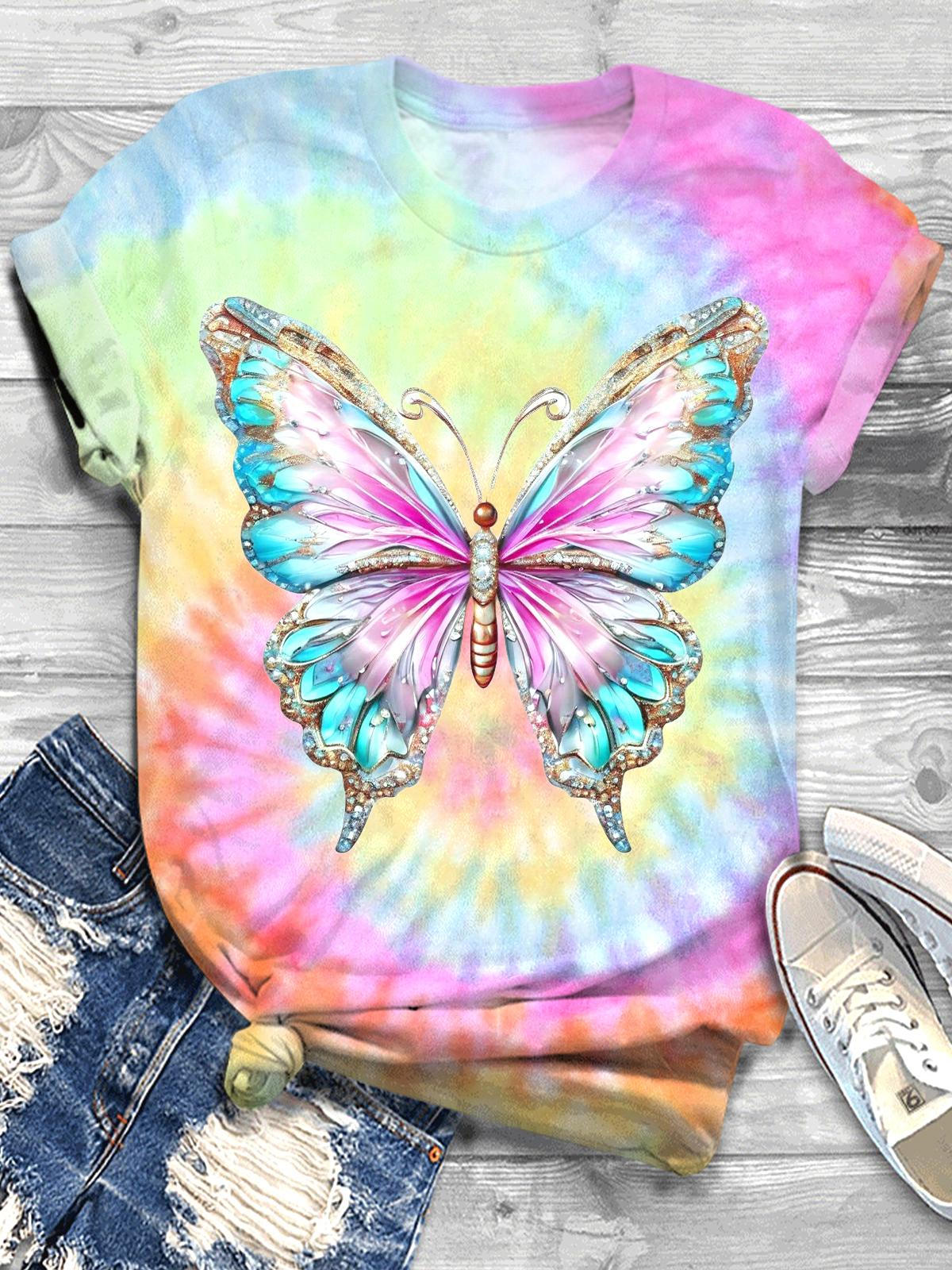 バタフライタイダイプリントクルーネックTシャツ