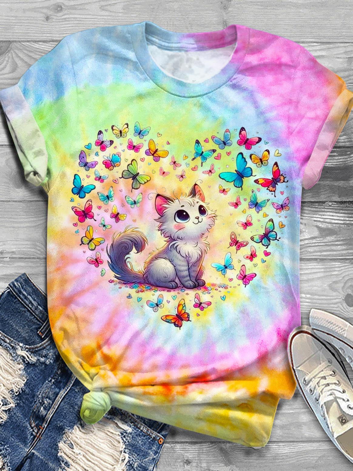 かわいい子猫の花柄蝶の春プリントクルーネックTシャツ