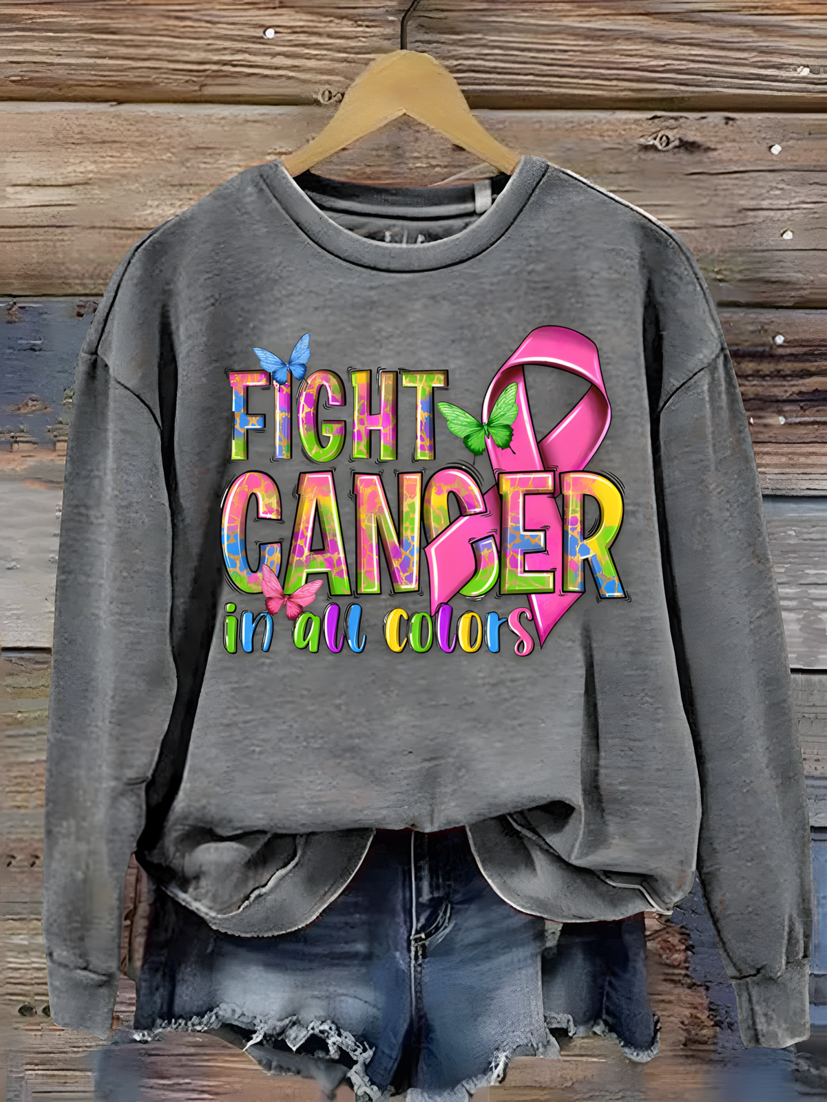 Fighting Breast Cancer Awareness Printed Long Sleeve Casual Top