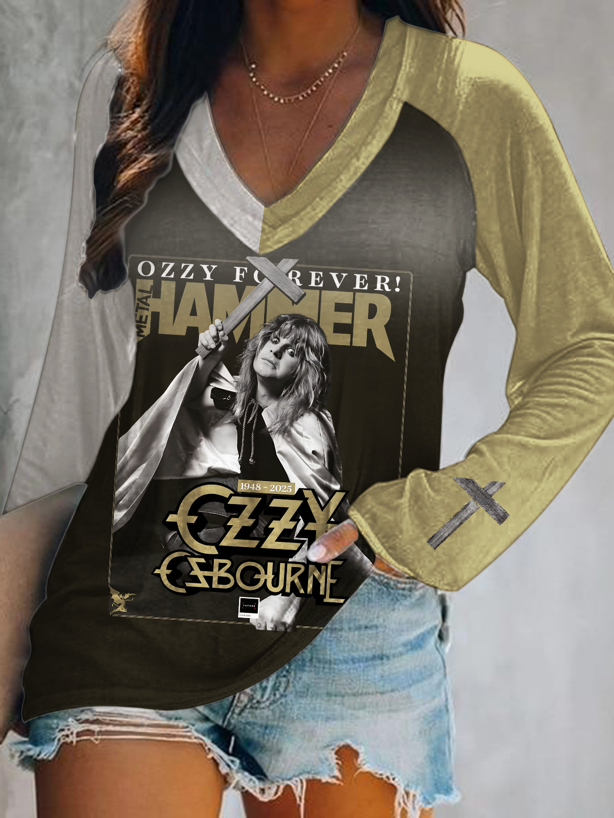 Ozzy Osbourne Color Collision Print V-Neck Long Sleeve Top