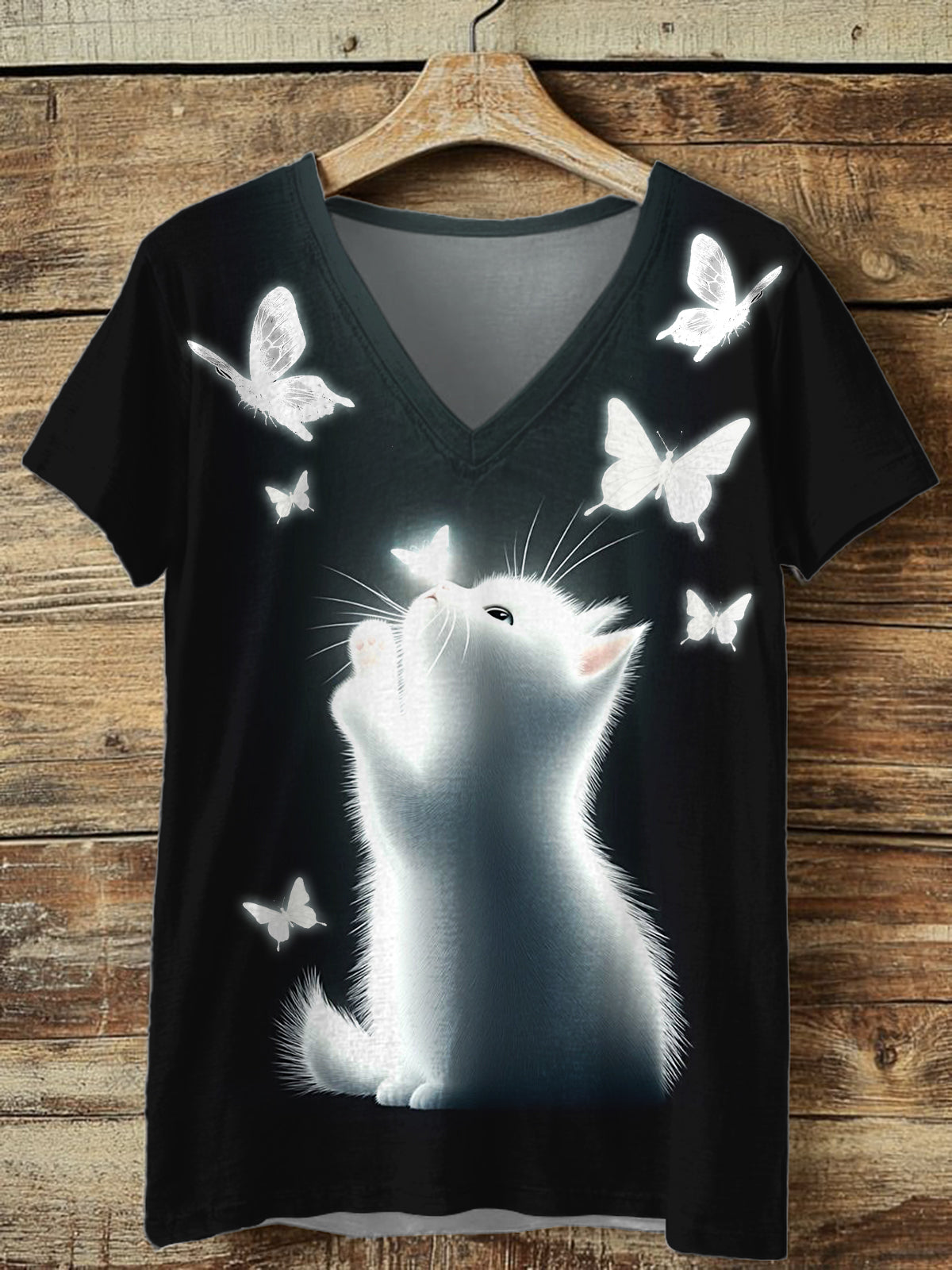 Cute Cat Butterfly Print V-neck T-Shirt