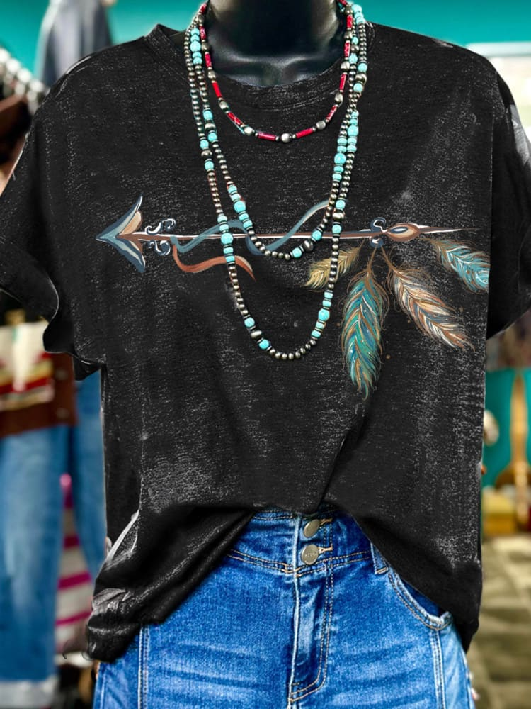 Vintage Feather Art Crew Neck T-shirt