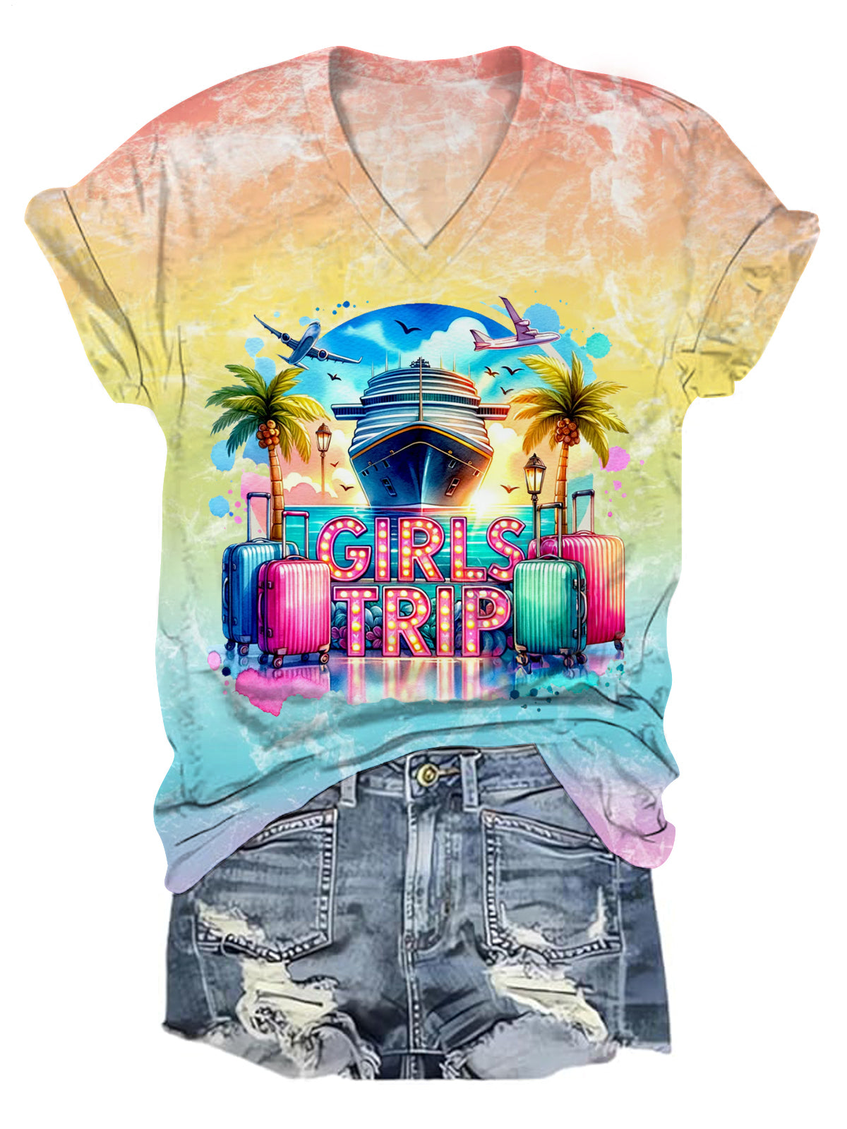クルーズ女子旅バケーションVネックTシャツ