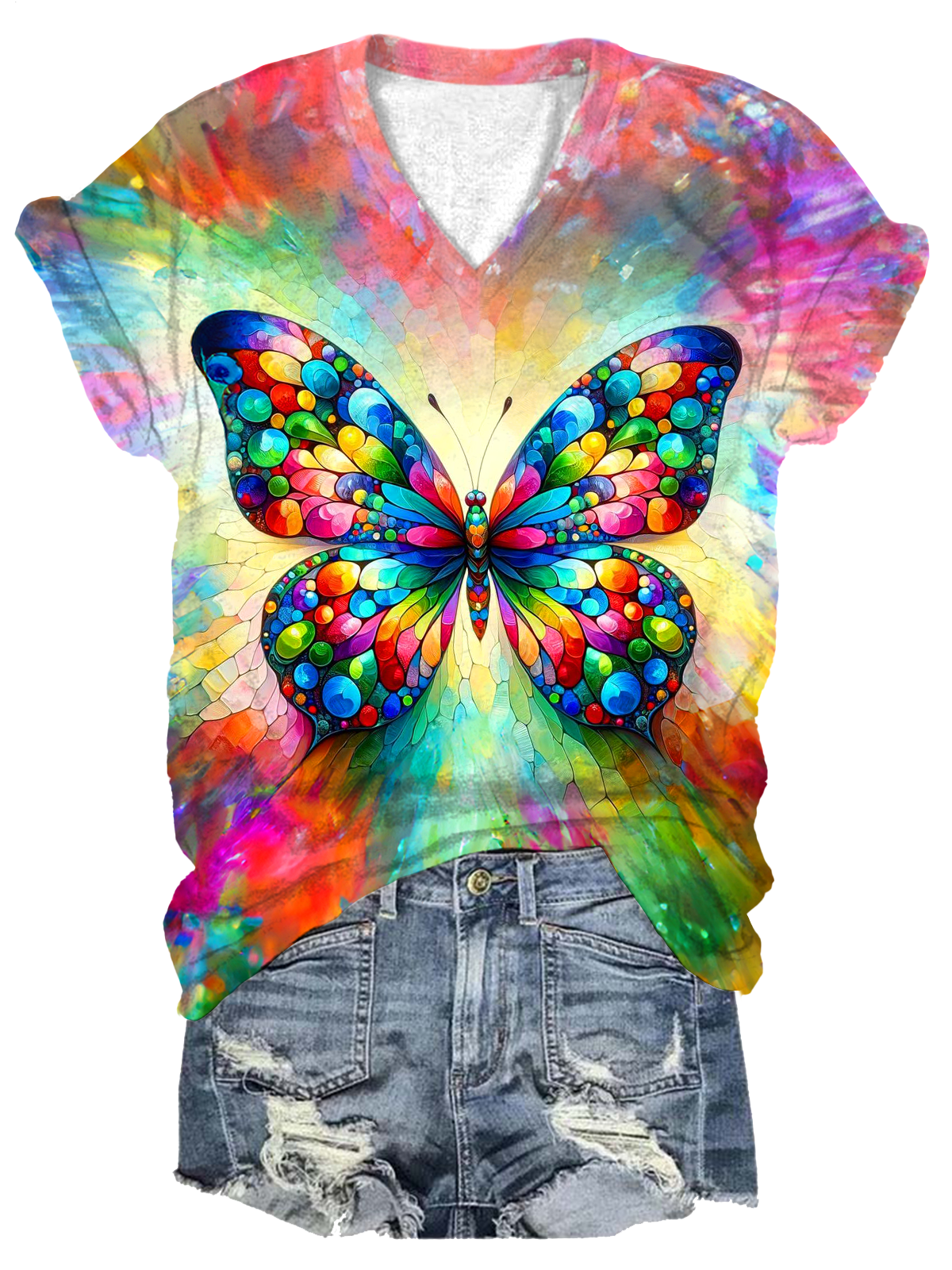抽象的なステンドグラスの蝶のVネックTシャツ