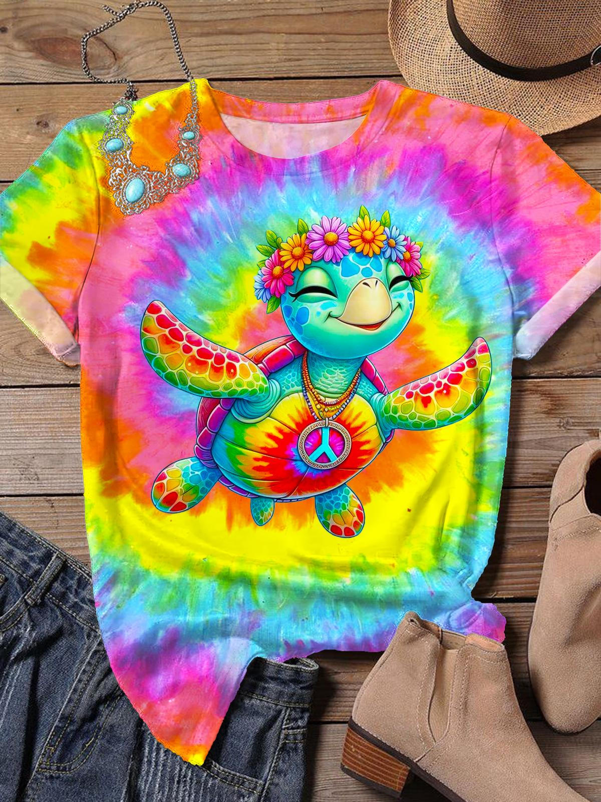 T-shirt ras du cou imprimé tortue hippie