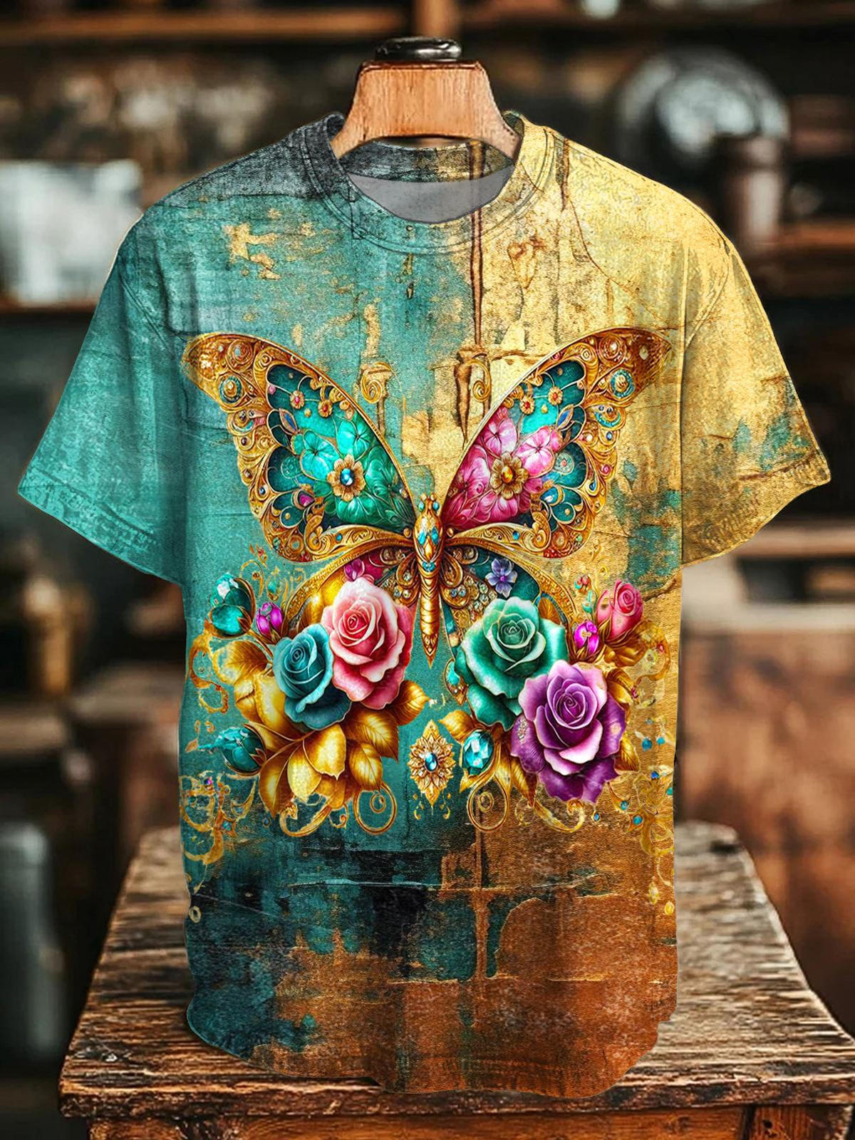 ヴィンテージ バタフライ フローラル クルーネック Tシャツ