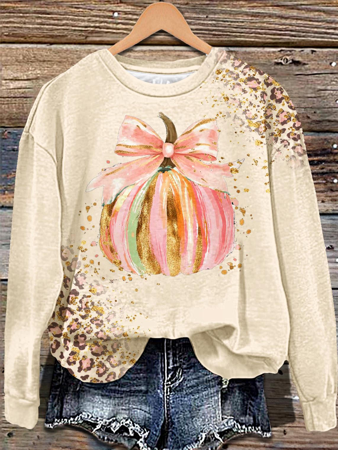 Halloween Leopard Print Halloween Pumpkin Long Sleeve Casual Top