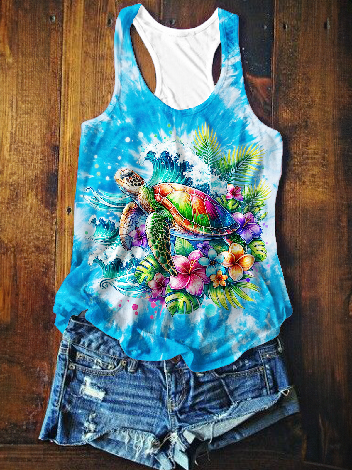 Sea Turtle And Tropical Flowers Summer VacationPrinted Casual Tank Top