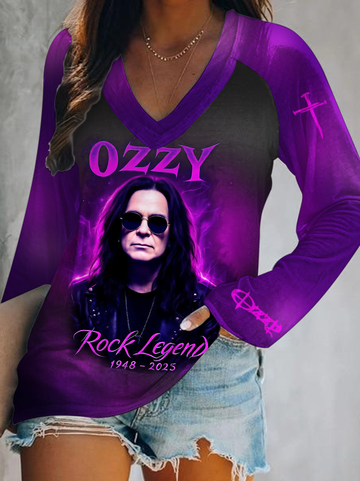 Ozzy Osbourne Gradient Print V-Neck Long Sleeve Top