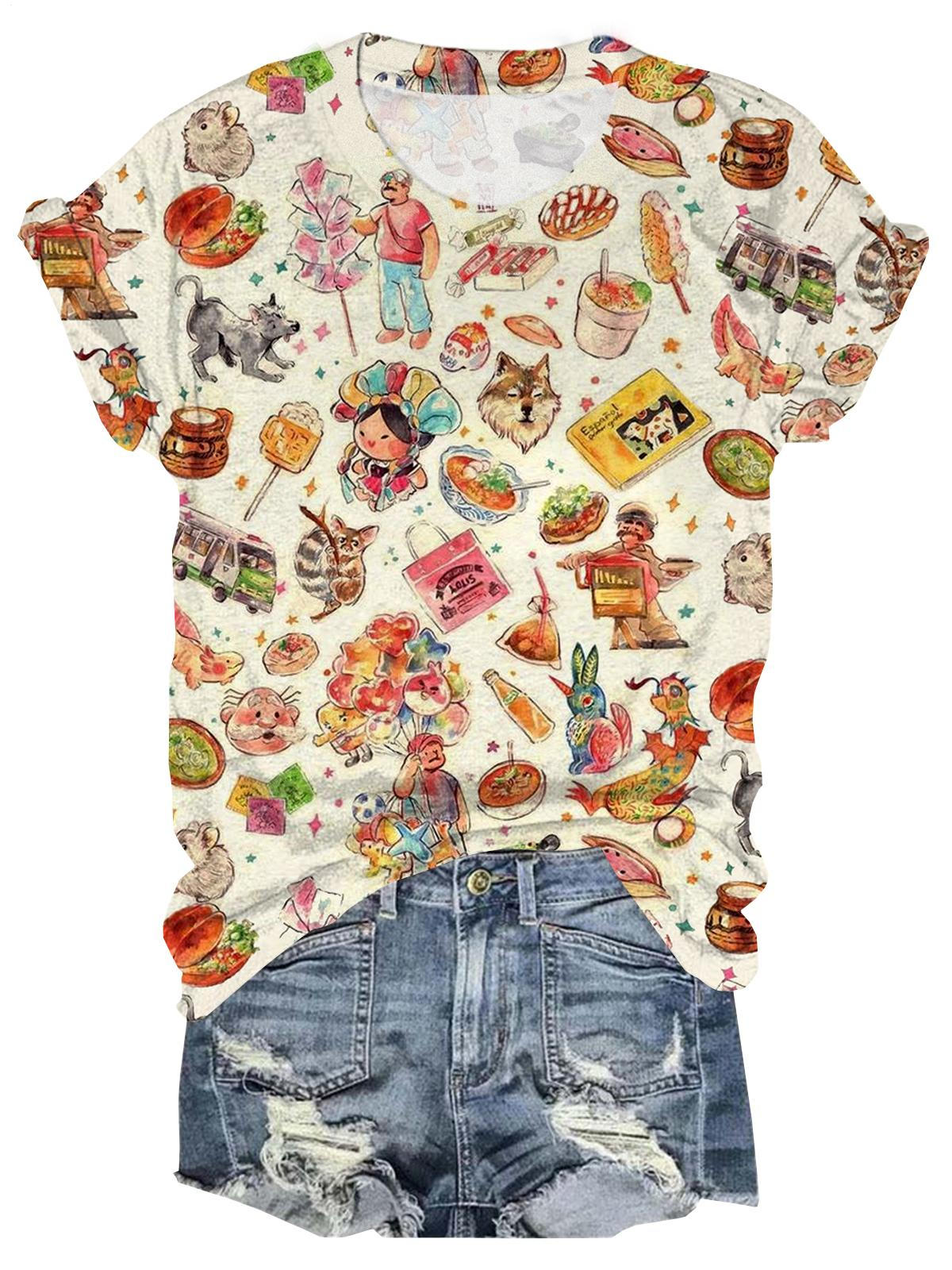 어린 시절 일러스트 아트 크루넥 티셔츠