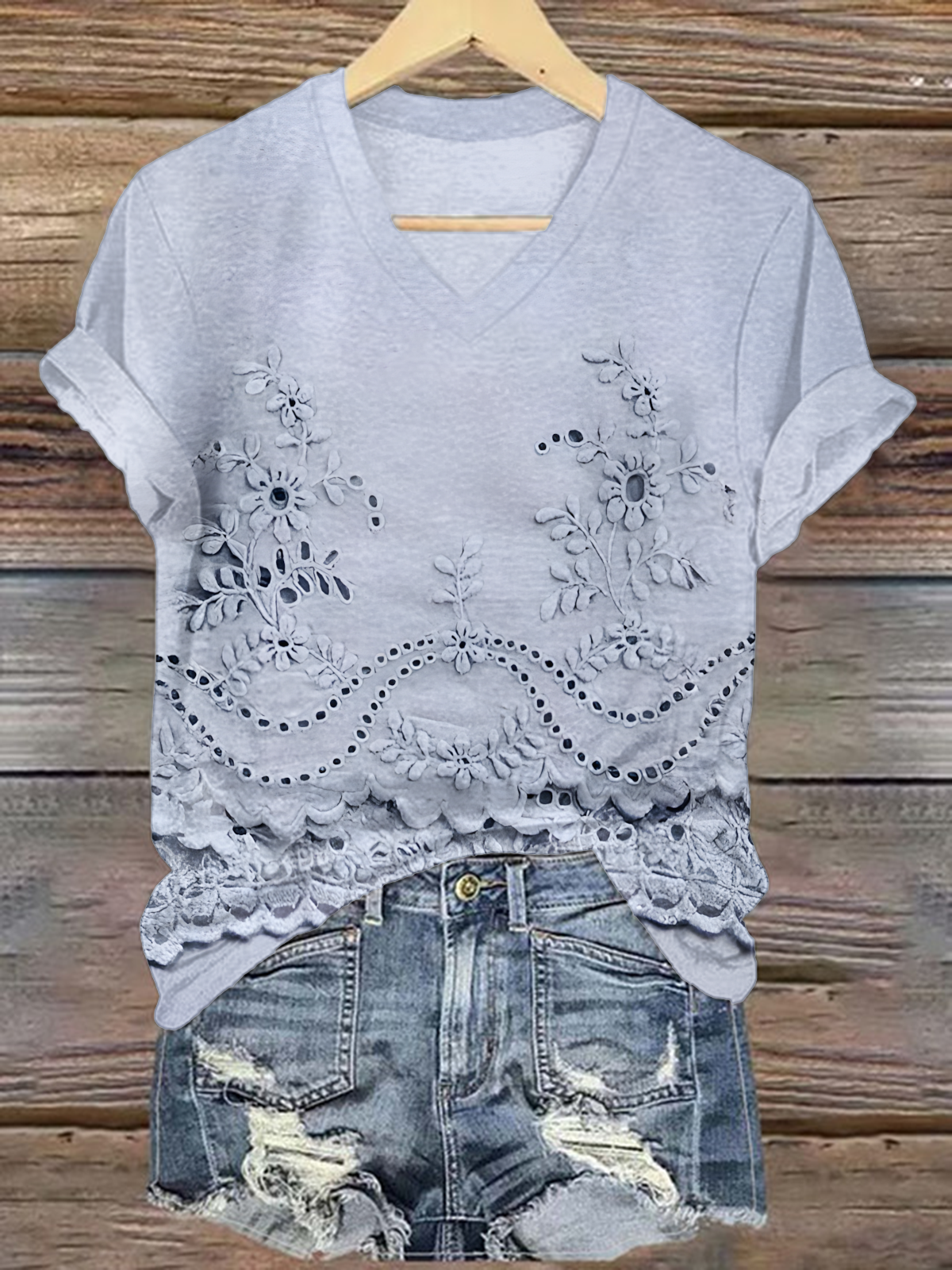 Vintage Floral Lace Pattern V-neck T-Shirt