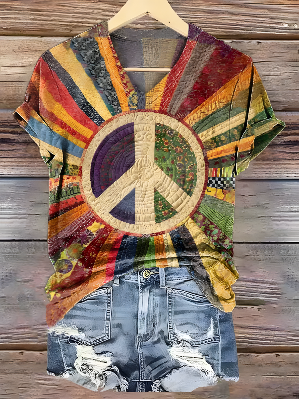 Peace Sign Floral V-neck T-Shirt
