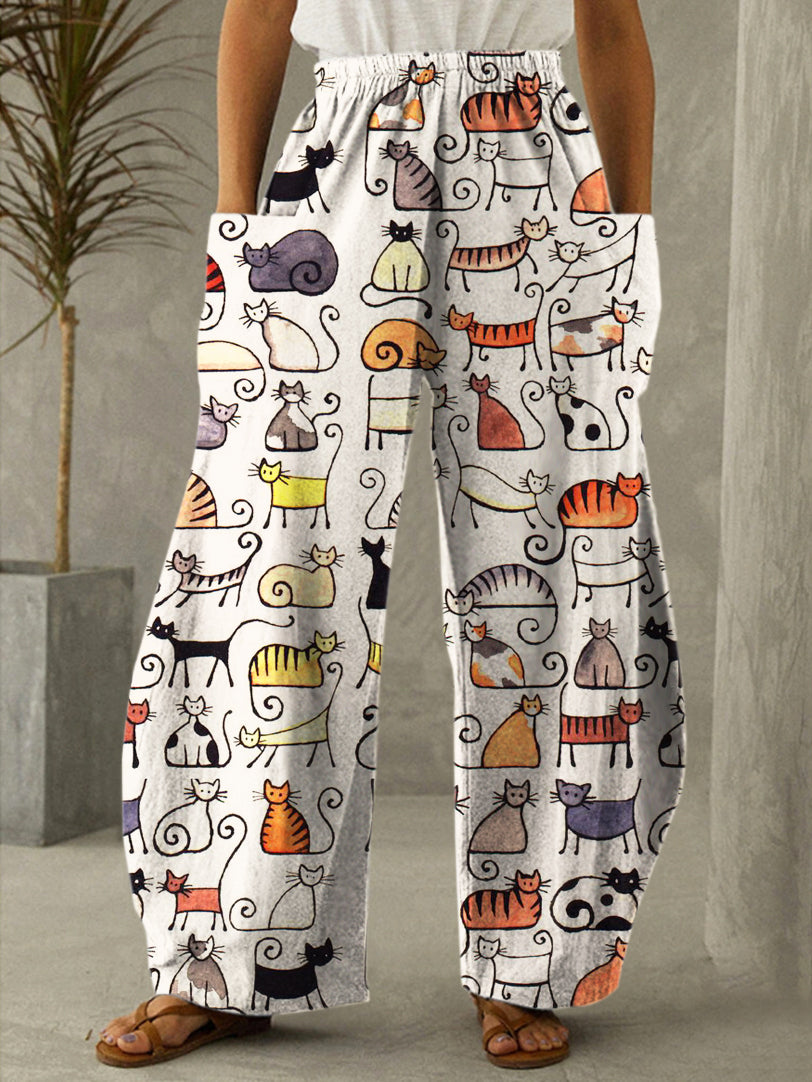 Vintage Cat Stick Figures Print Casual Pants