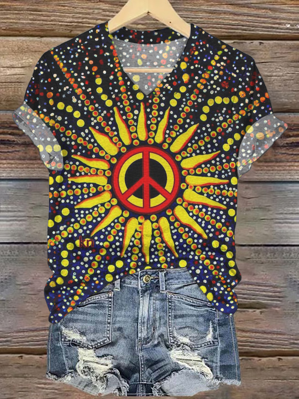 Retro Hippie Sun Flower Peace Sign Love and Peace V-neck T-Shirt