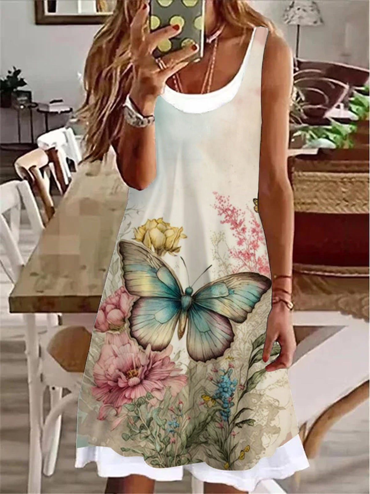 Vintage Green Buttefly Print Ladies False Two Dress