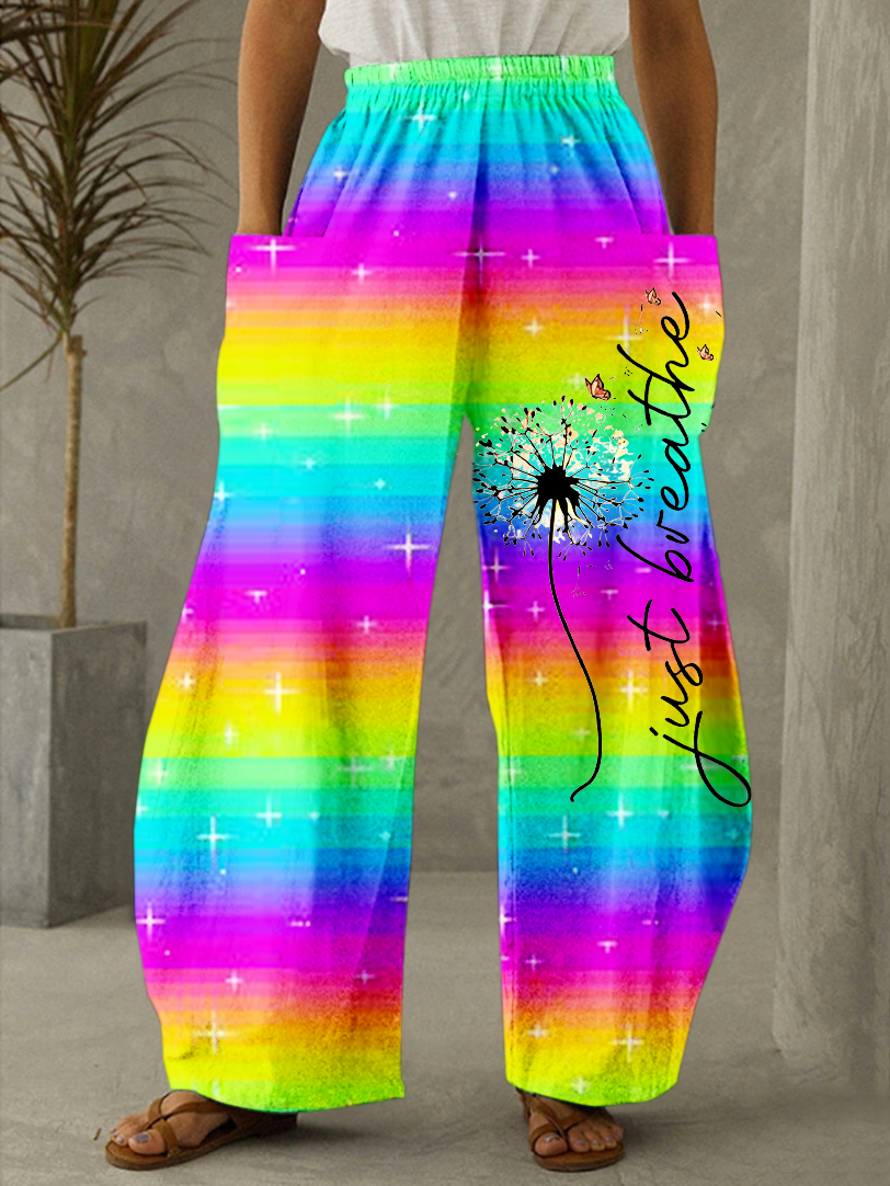 Just Breathe Rainbow Tie-Dye Hippie Print Casual Pants