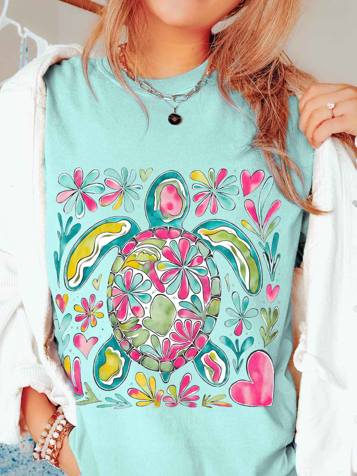 Boho Floral Sea Turtle Crew Neck T-shirt