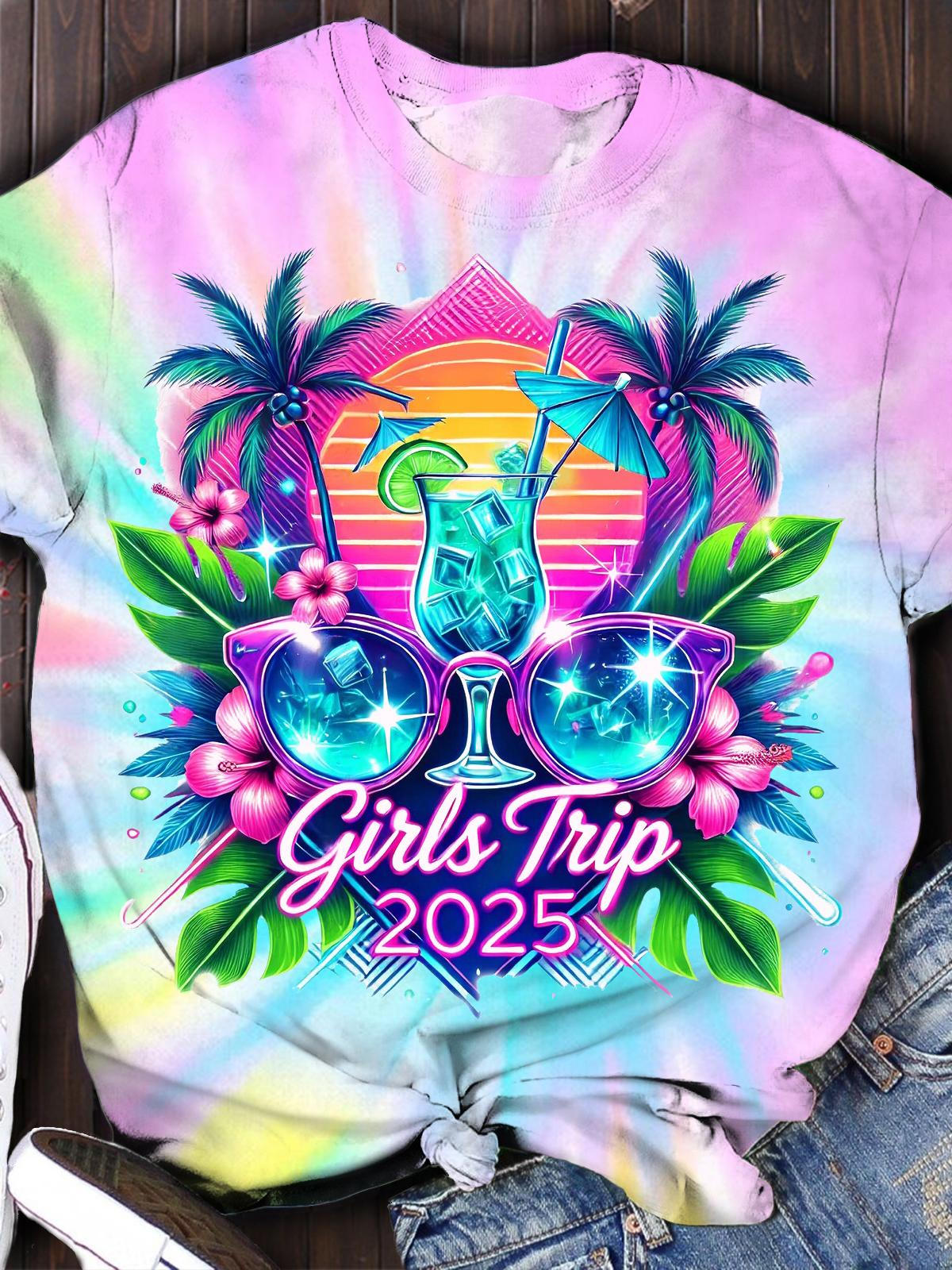夏休み旅行ガールフレンドクルーネックTシャツ