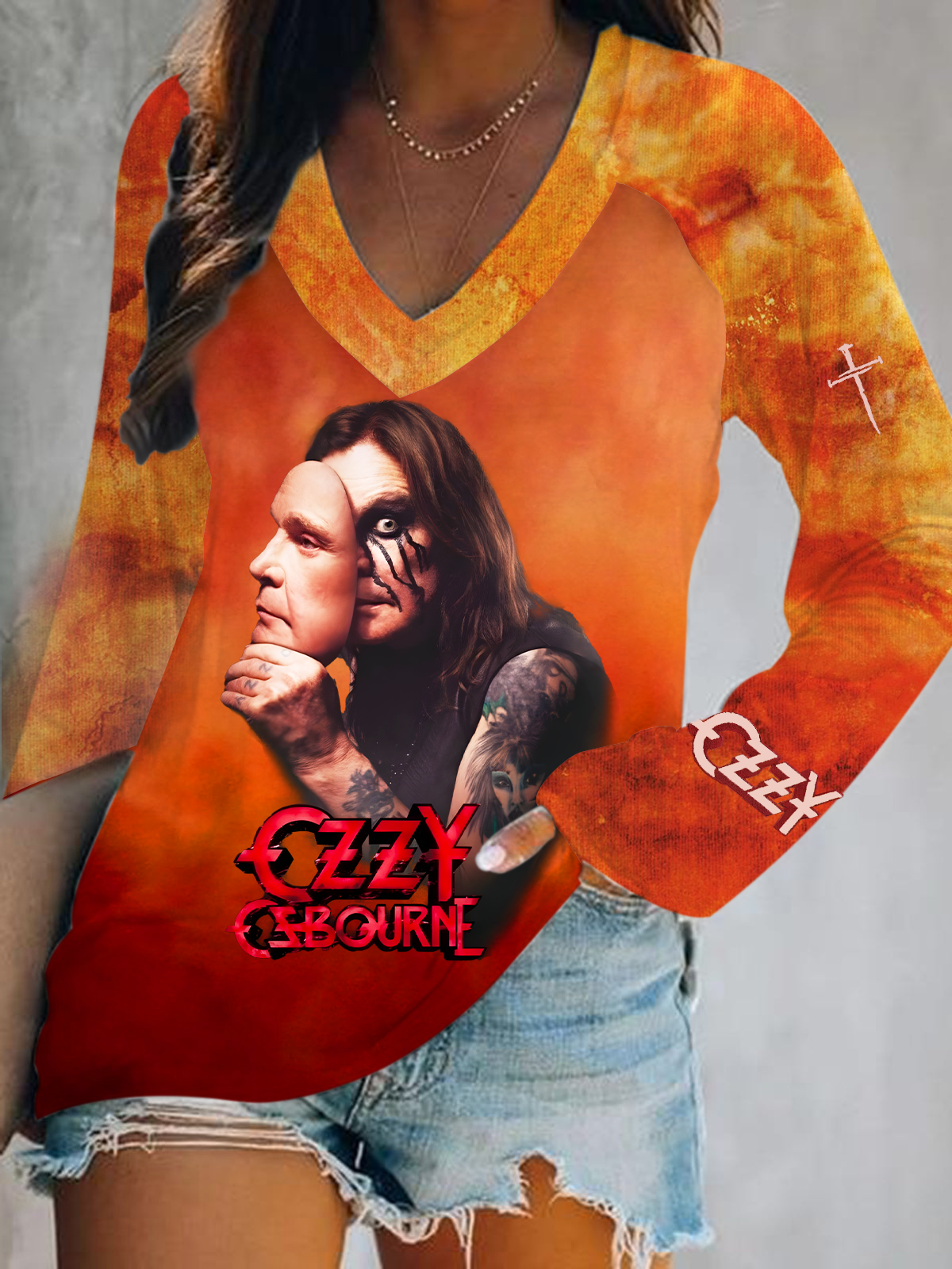 Ozzy Osbourne Band Print V-Neck Long Sleeve Top