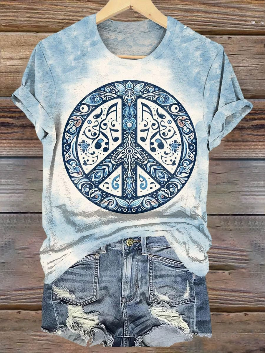 Retro Tie-dye Blue And White Hippie Art Crew Neck T-shirt