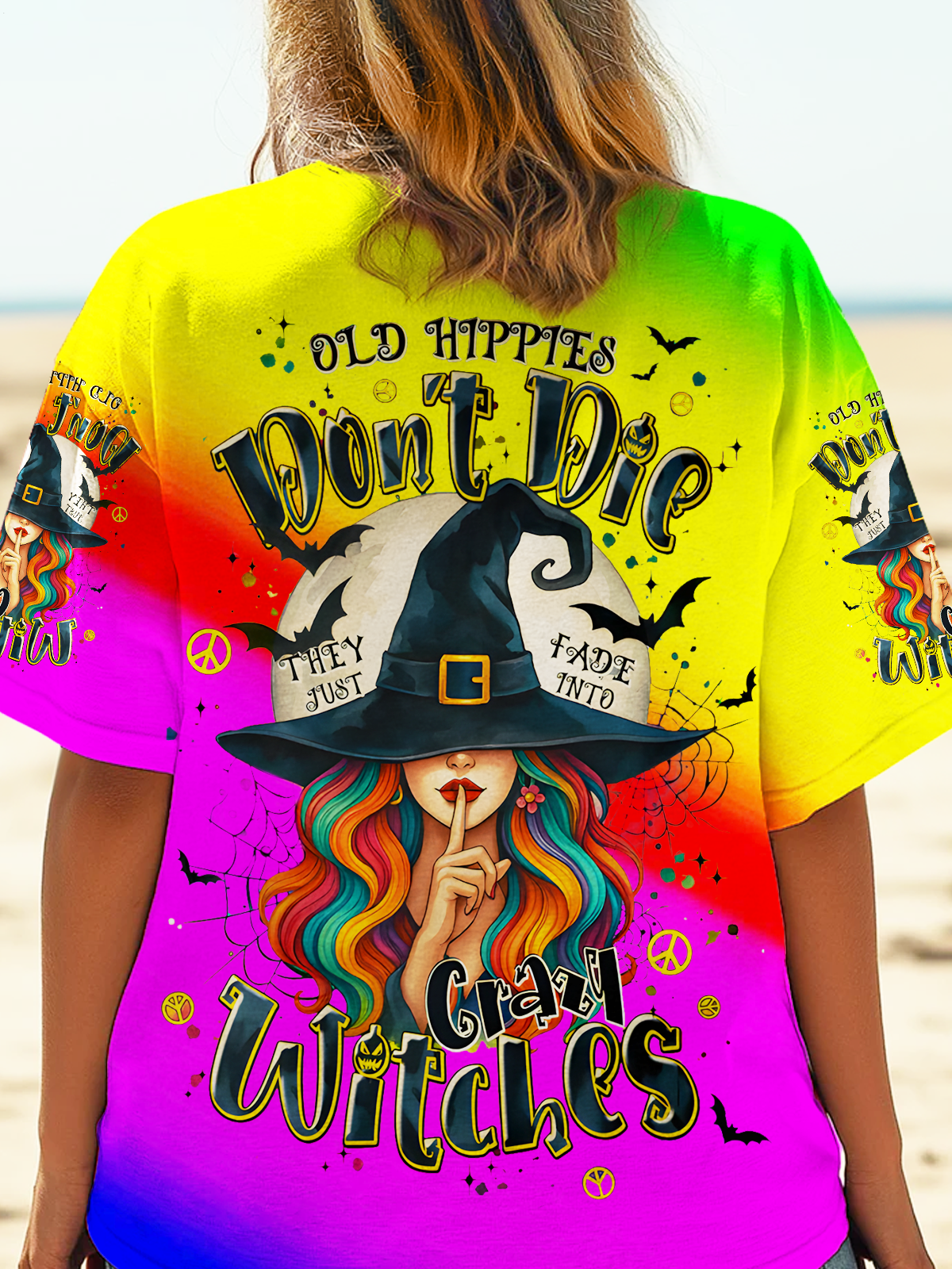 Colorful Hippie Witch Halloween Art Crew Neck T-shirt