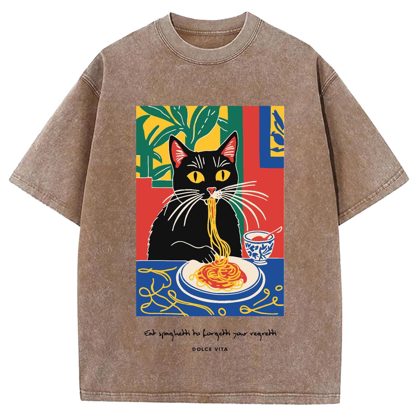 Cat Eating Ramen Vintage Washed Crew Neck T-Shirt