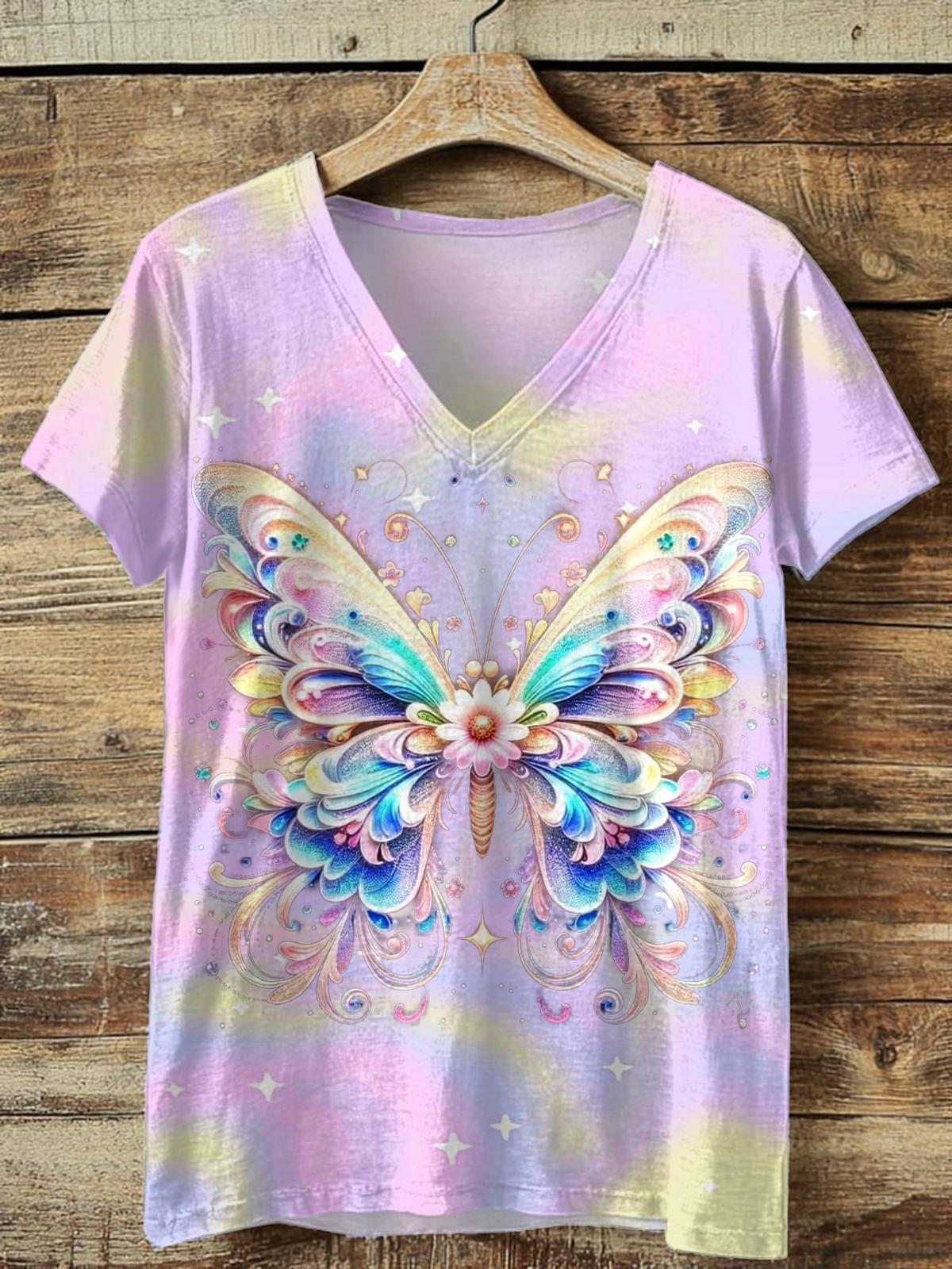 ファンタジーフローラルバタフライVネックTシャツ