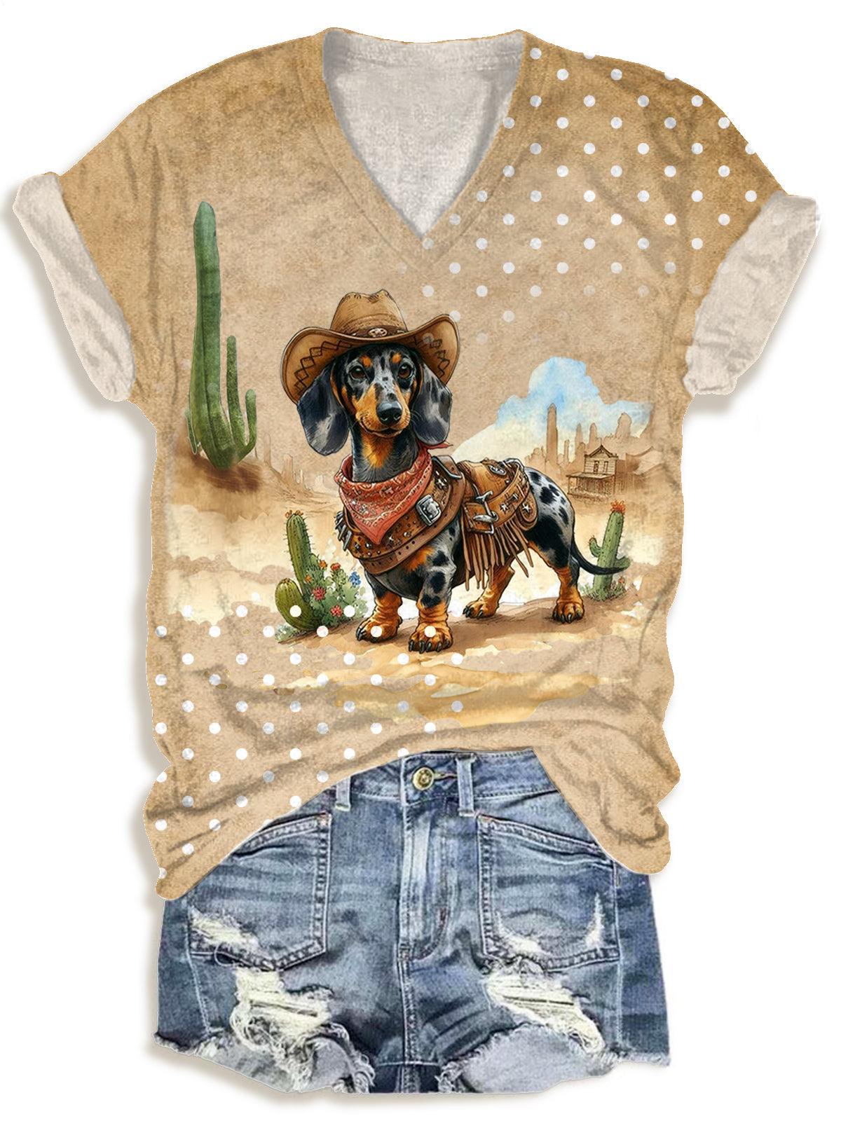 Western Cowboy Dachshund V-neck T-Shirt