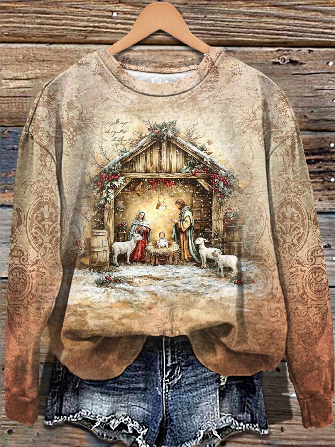Christmas Jesus Printed Long Sleeve Casual Top